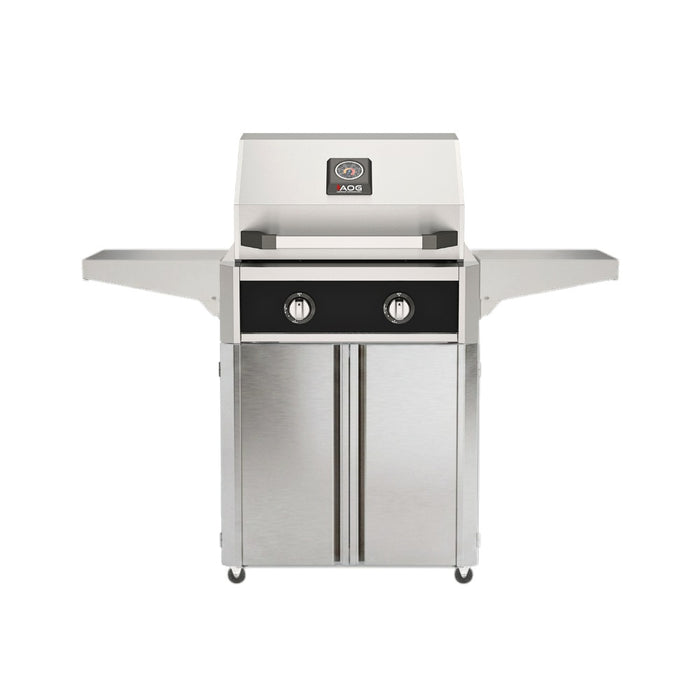 American Outdoor Grill 24" T-Series Portable Gas Grill in black accent panel and cart base.
