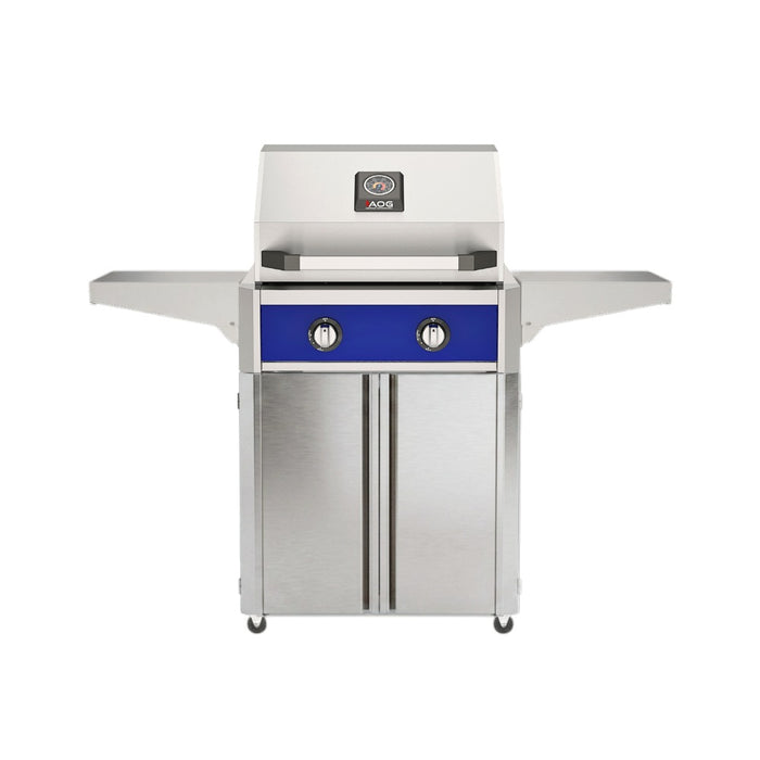 American Outdoor Grill 24" T-Series Portable Gas Grill in blue accent panel and cart base.
