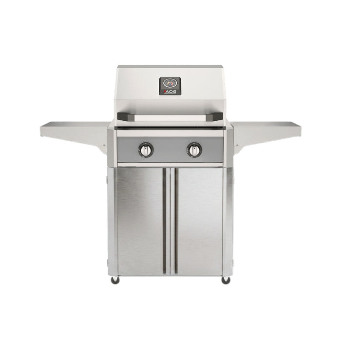 American Outdoor Grill 24" T-Series Portable Gas Grill in gray accent panel and cart base.
