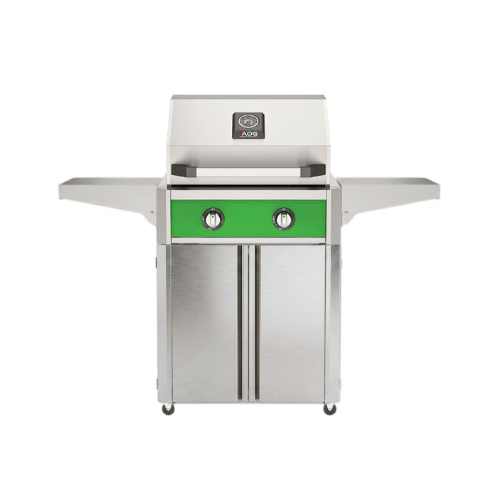 American Outdoor Grill 24" T-Series Portable Gas Grill in green accent panel and cart base.

