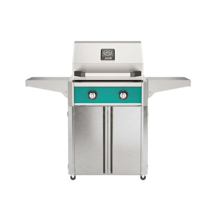 American Outdoor Grill 24" T-Series Portable Gas Grill in teal accent panel and cart base.
