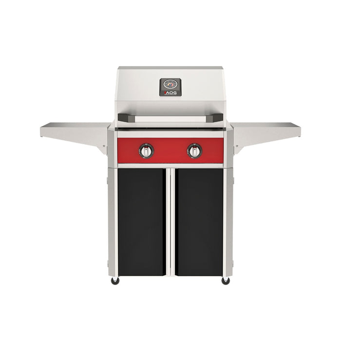 American Outdoor Grill 24" T-Series Portable Gas Grill with red accent panel and black accent panel cart base, large analog thermometer and push-button electronic ignition with backlit comfort-touch control knobs.

