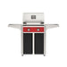 American Outdoor Grill 24" T-Series Portable Gas Grill with red accent panel and black accent panel cart base, large analog thermometer and push-button electronic ignition with backlit comfort-touch control knobs.
