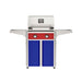 American Outdoor Grill 24" T-Series Portable Gas Grill with red accent panel and blue accent panel cart base, large analog thermometer and push-button electronic ignition with backlit comfort-touch control knobs.
