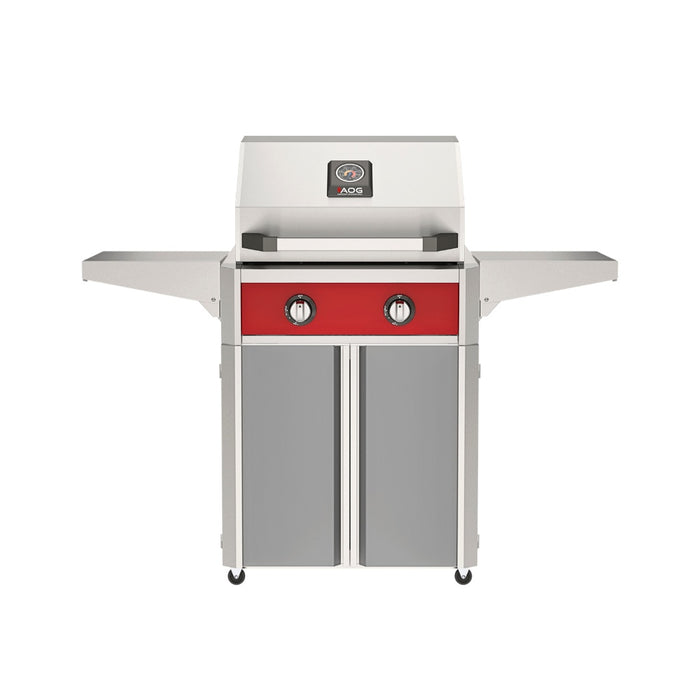 American Outdoor Grill 24" T-Series Portable Gas Grill with red accent panel and gray accent panel cart base, large analog thermometer and push-button electronic ignition with backlit comfort-touch control knobs.
