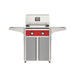 American Outdoor Grill 24" T-Series Portable Gas Grill with red accent panel and gray accent panel cart base, large analog thermometer and push-button electronic ignition with backlit comfort-touch control knobs.
