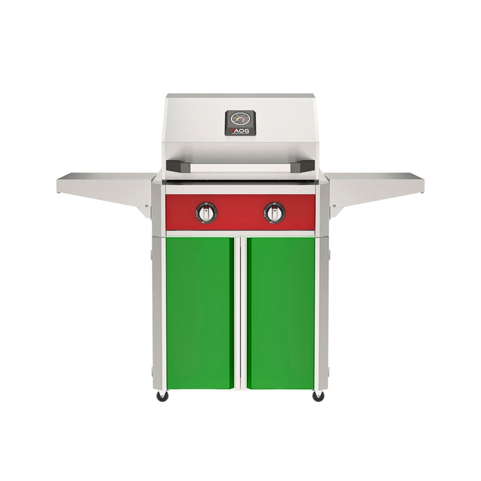 American Outdoor Grill 24" T-Series Portable Gas Grill with red accent panel and green accent panel cart base, large analog thermometer and push-button electronic ignition with backlit comfort-touch control knobs.
