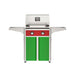 American Outdoor Grill 24" T-Series Portable Gas Grill with red accent panel and green accent panel cart base, large analog thermometer and push-button electronic ignition with backlit comfort-touch control knobs.
