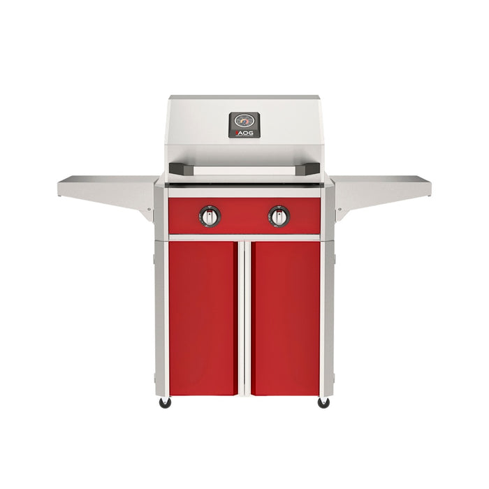 American Outdoor Grill 24" T-Series Portable Gas Grill with red accent panel and red accent panel cart base, large analog thermometer and push-button electronic ignition with backlit comfort-touch control knobs.
