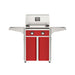 American Outdoor Grill 24" T-Series Portable Gas Grill with red accent panel and red accent panel cart base, large analog thermometer and push-button electronic ignition with backlit comfort-touch control knobs.
