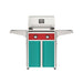 American Outdoor Grill 24" T-Series Portable Gas Grill with red accent panel and teal accent panel cart base, large analog thermometer and push-button electronic ignition with backlit comfort-touch control knobs.
