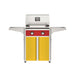American Outdoor Grill 24" T-Series Portable Gas Grill with red accent panel and yellow accent panel cart base, large analog thermometer and push-button electronic ignition with backlit comfort-touch control knobs.
