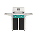 American Outdoor Grill 24" T-Series Portable Gas Grill with teal accent panel and black accent panel cart base, large analog thermometer and push-button electronic ignition with backlit comfort-touch control knobs.
