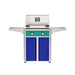 American Outdoor Grill 24" T-Series Portable Gas Grill with teal accent panel and blue accent panel cart base, large analog thermometer and push-button electronic ignition with backlit comfort-touch control knobs.
