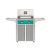American Outdoor Grill 24" T-Series Portable Gas Grill with teal accent panel and gray accent panel cart base, large analog thermometer and push-button electronic ignition with backlit comfort-touch control knobs.
