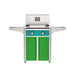 American Outdoor Grill 24" T-Series Portable Gas Grill with teal accent panel and green accent panel cart base, large analog thermometer and push-button electronic ignition with backlit comfort-touch control knobs.
