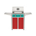 American Outdoor Grill 24" T-Series Portable Gas Grill with teal accent panel and red accent panel cart base, large analog thermometer and push-button electronic ignition with backlit comfort-touch control knobs.
