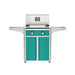 American Outdoor Grill 24" T-Series Portable Gas Grill with teal accent panel and teal accent panel cart base, large analog thermometer and push-button electronic ignition with backlit comfort-touch control knobs.
