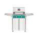 American Outdoor Grill 24" T-Series Portable Gas Grill with teal accent panel and white accent panel cart base, large analog thermometer and push-button electronic ignition with backlit comfort-touch control knobs.
