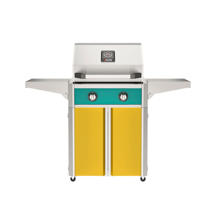 American Outdoor Grill 24" T-Series Portable Gas Grill with teal accent panel and yellow accent panel cart base, large analog thermometer and push-button electronic ignition with backlit comfort-touch control knobs.
