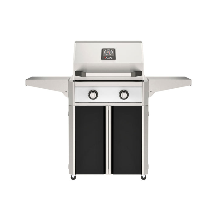 American Outdoor Grill 24" T-Series Portable Gas Grill with white accent panel and black accent panel cart base, large analog thermometer and push-button electronic ignition with backlit comfort-touch control knobs.

