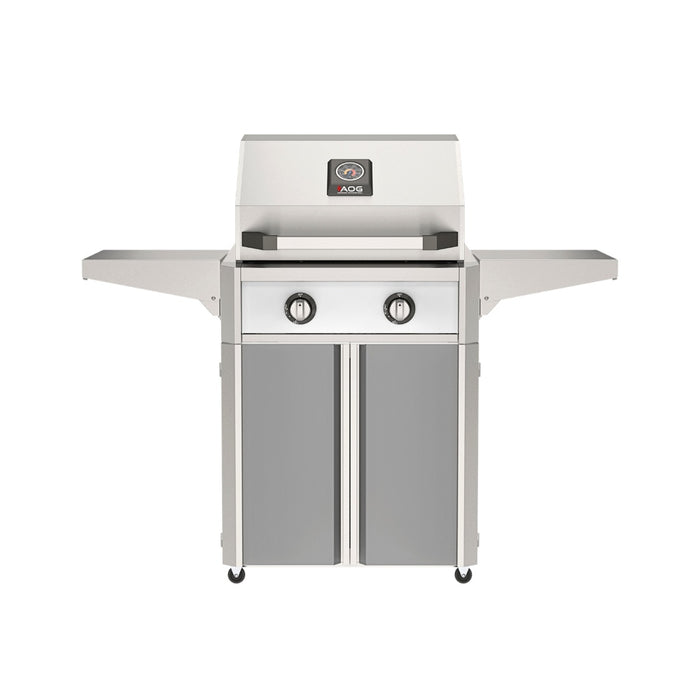 American Outdoor Grill 24" T-Series Portable Gas Grill with white accent panel and gray accent panel cart base, large analog thermometer and push-button electronic ignition with backlit comfort-touch control knobs.
