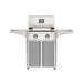 American Outdoor Grill 24" T-Series Portable Gas Grill with white accent panel and gray accent panel cart base, large analog thermometer and push-button electronic ignition with backlit comfort-touch control knobs.
