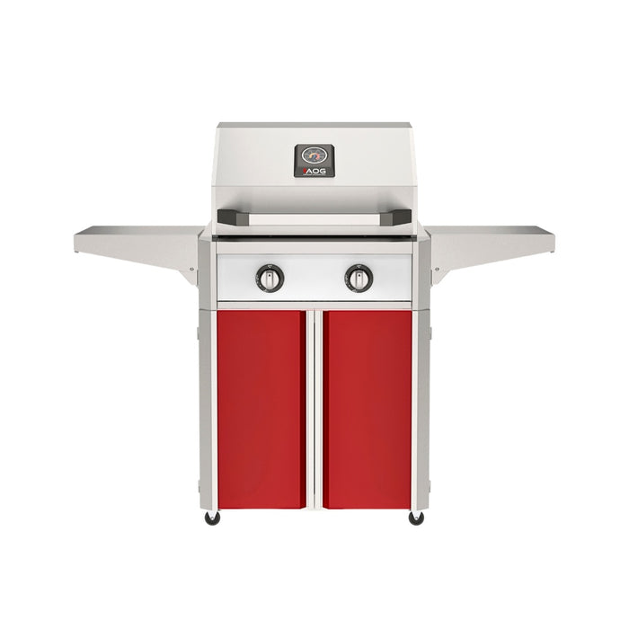 American Outdoor Grill 24" T-Series Portable Gas Grill with white accent panel and red accent panel cart base, large analog thermometer and push-button electronic ignition with backlit comfort-touch control knobs.
