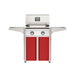 American Outdoor Grill 24" T-Series Portable Gas Grill with white accent panel and red accent panel cart base, large analog thermometer and push-button electronic ignition with backlit comfort-touch control knobs.
