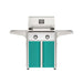 American Outdoor Grill 24" T-Series Portable Gas Grill with white accent panel and teal accent panel cart base, large analog thermometer and push-button electronic ignition with backlit comfort-touch control knobs.
