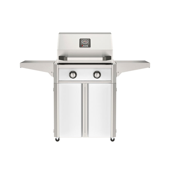 American Outdoor Grill 24" T-Series Portable Gas Grill with white accent panel and white accent panel cart base, large analog thermometer and push-button electronic ignition with backlit comfort-touch control knobs.
