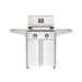 American Outdoor Grill 24" T-Series Portable Gas Grill with white accent panel and white accent panel cart base, large analog thermometer and push-button electronic ignition with backlit comfort-touch control knobs.
