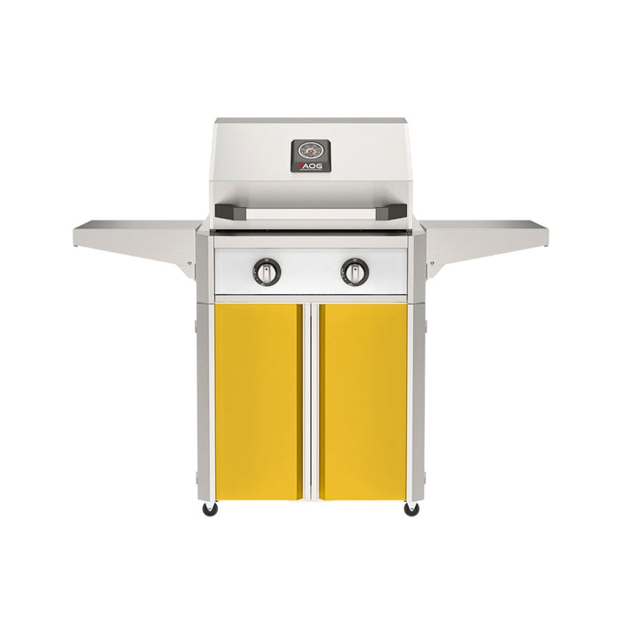 American Outdoor Grill 24" T-Series Portable Gas Grill with white accent panel and yellow accent panel cart base, large analog thermometer and push-button electronic ignition with backlit comfort-touch control knobs.
