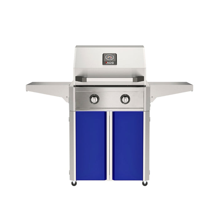 American Outdoor Grill 24" T-Series Portable Gas Grill with blue cart accent panel.
