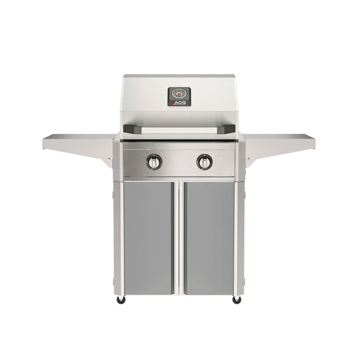 American Outdoor Grill 24" T-Series Portable Gas Grill with gray cart accent panel.
