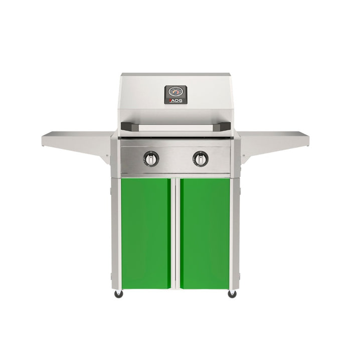 American Outdoor Grill 24" T-Series Portable Gas Grill with green cart accent panel.
