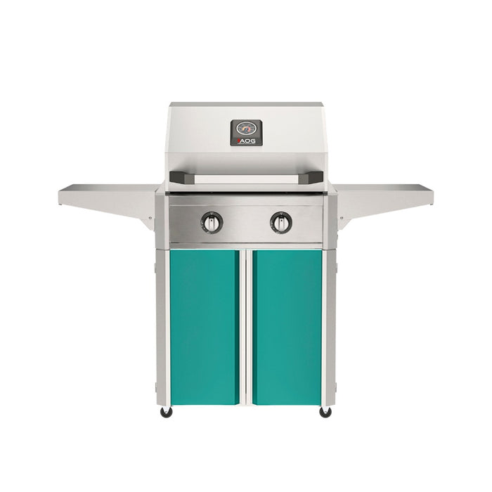 American Outdoor Grill 24" T-Series Portable Gas Grill with teal cart accent panel.
