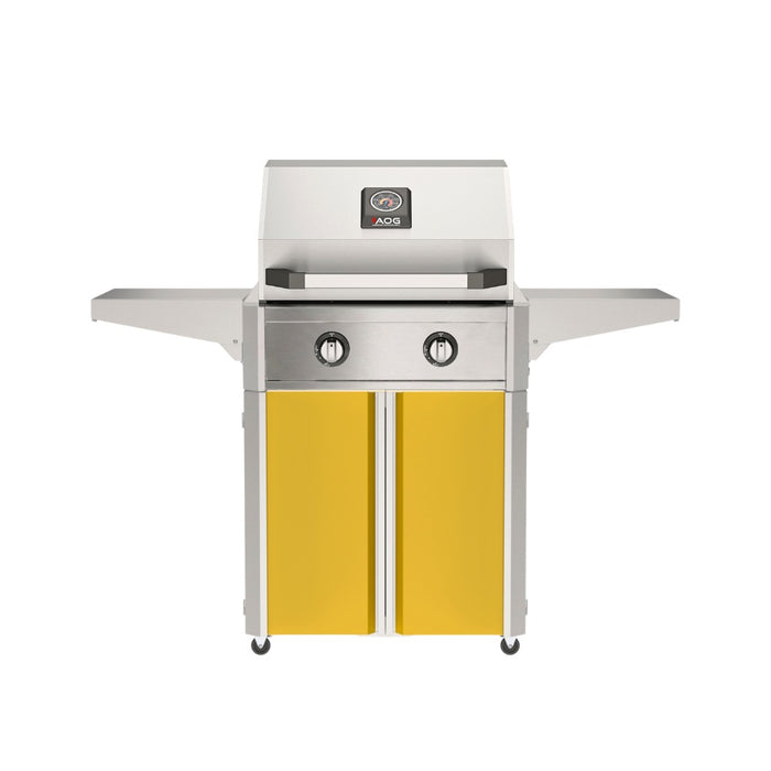 American Outdoor Grill 24" T-Series Portable Gas Grill with yellow cart accent panel.
