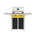 American Outdoor Grill 24" T-Series Portable Gas Grill with yellow accent panel and black accent panel cart base, large analog thermometer and push-button electronic ignition with backlit comfort-touch control knobs.
