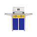 American Outdoor Grill 24" T-Series Portable Gas Grill with yellow accent panel and blue accent panel cart base, large analog thermometer and push-button electronic ignition with backlit comfort-touch control knobs.
