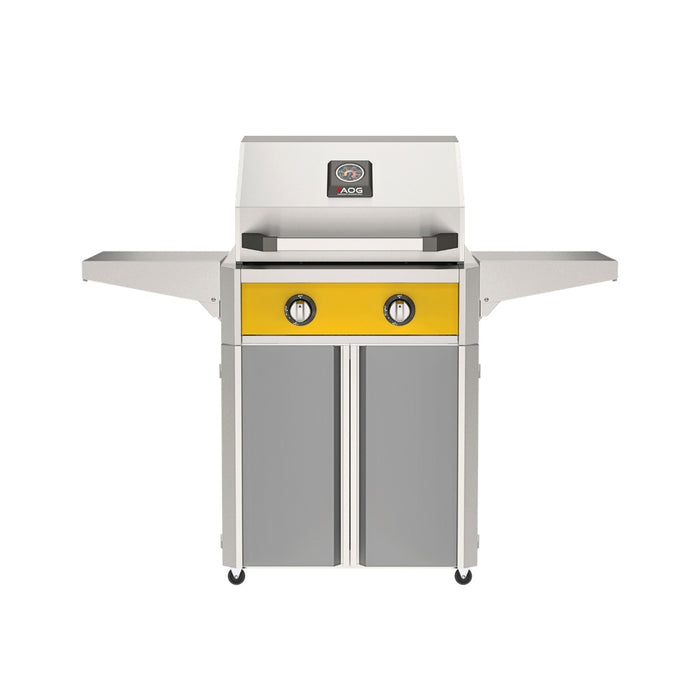 American Outdoor Grill 24" T-Series Portable Gas Grill with yellow accent panel and gray accent panel cart base, large analog thermometer and push-button electronic ignition with backlit comfort-touch control knobs.
