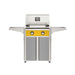 American Outdoor Grill 24" T-Series Portable Gas Grill with yellow accent panel and gray accent panel cart base, large analog thermometer and push-button electronic ignition with backlit comfort-touch control knobs.
