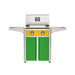 American Outdoor Grill 24" T-Series Portable Gas Grill with yellow accent panel and green accent panel cart base, large analog thermometer and push-button electronic ignition with backlit comfort-touch control knobs.
