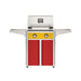 American Outdoor Grill 24" T-Series Portable Gas Grill with yellow accent panel and red accent panel cart base, large analog thermometer and push-button electronic ignition with backlit comfort-touch control knobs.
