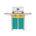 American Outdoor Grill 24" T-Series Portable Gas Grill with yellow accent panel and teal accent panel cart base, large analog thermometer and push-button electronic ignition with backlit comfort-touch control knobs.
