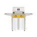 American Outdoor Grill 24" T-Series Portable Gas Grill with yellow accent panel and white accent panel cart base, large analog thermometer and push-button electronic ignition with backlit comfort-touch control knobs.
