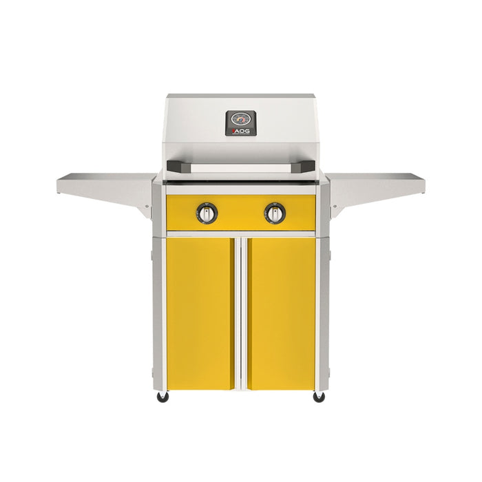 American Outdoor Grill 24" T-Series Portable Gas Grill with yellow accent panel and yellow accent panel cart base, large analog thermometer and push-button electronic ignition with backlit comfort-touch control knobs.
