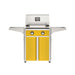 American Outdoor Grill 24" T-Series Portable Gas Grill with yellow accent panel and yellow accent panel cart base, large analog thermometer and push-button electronic ignition with backlit comfort-touch control knobs.
