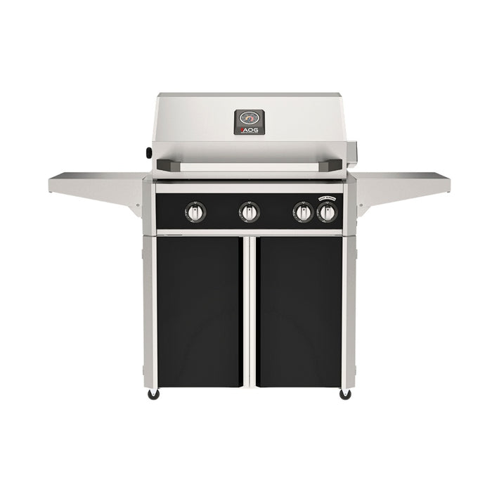 American Outdoor Grill 30" L-Series Portable Gas Grill with black accent panel and black accent panel cart base, large analog thermometer and push-button electronic ignition with backlit comfort-touch control knobs.
