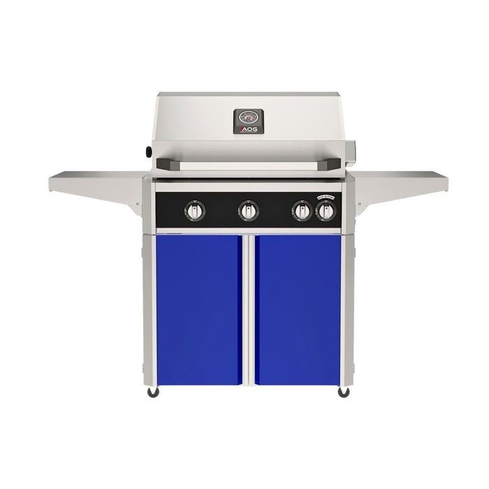 American Outdoor Grill 30" L-Series Portable Gas Grill with black accent panel and blue accent panel cart base, large analog thermometer and push-button electronic ignition with backlit comfort-touch control knobs.
